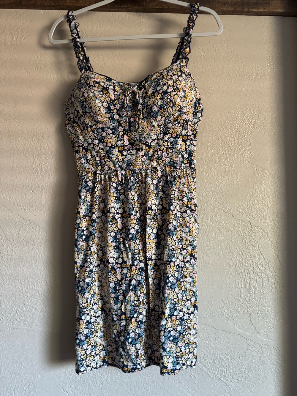 Floral Tie-Front Sundress - Navy with Yellow & White Flowers